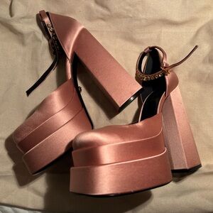 Versace Pink Satin Medusa Aevitas Platform Heels Size 40.5